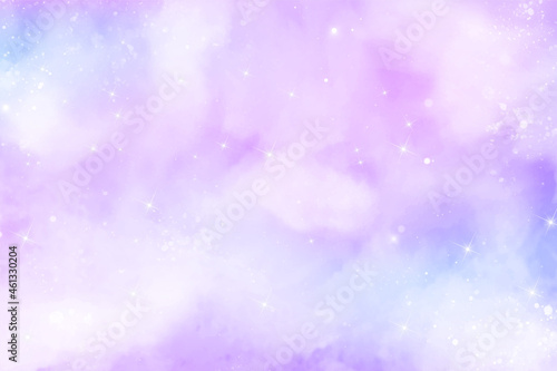 Abstract pink blue watercolor galaxy background. Fantasy rainbow pastel color. Vector watercolor sky cloud. Marble glitter pattern. Holographic star unicorn texture