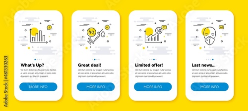 Vector set of 5g statistics, Coronavirus vaccine and Diagram graph line icons set. UI phone app screens with line icons. Medical mask icon. Wifi chart, Syringe, Presentation chart. Respirator. Vector