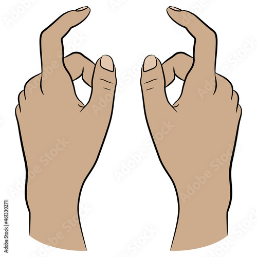 Two beautiful raised up female hands in elegant gesture with bent index finger. Top view. Cartoon style.