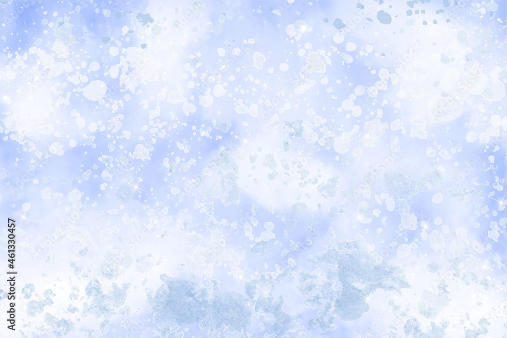 Winter snow watercolor background. White abstract vector texture. Blue sky with falling snow, snowflake. Fantazy design template. Backdrop with a cold light landscape