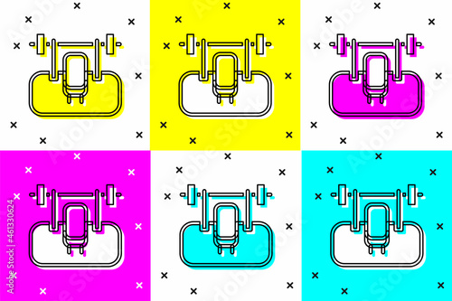 Set Bench with barbel icon isolated on color background. Gym equipment. Bodybuilding, powerlifting, fitness concept. Vector