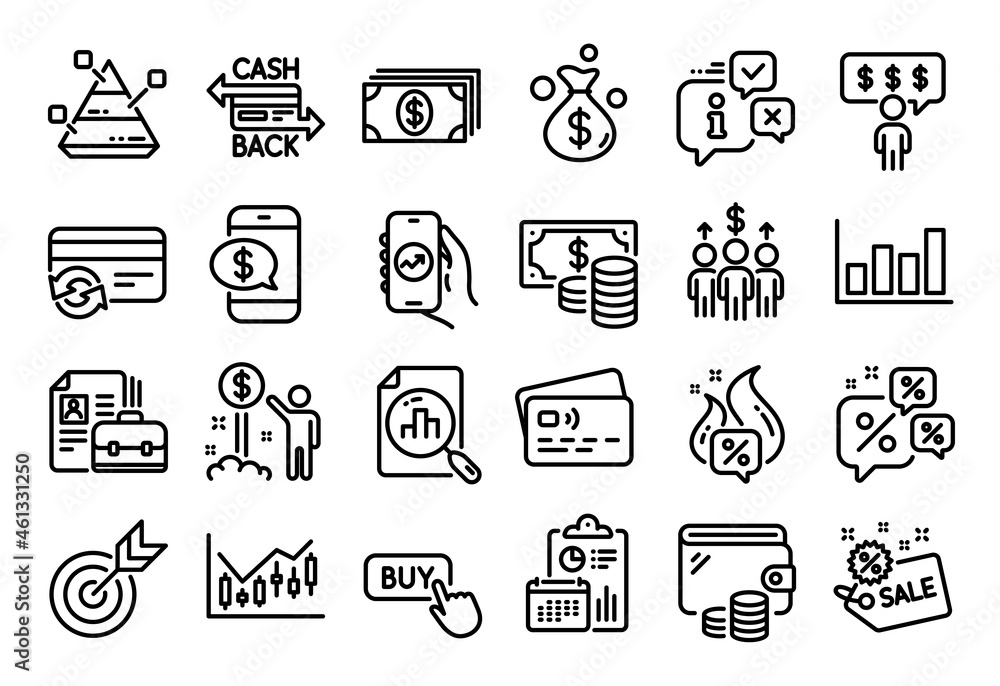 Vector set of Meeting, Sale and Financial app line icons set. Calendar report, Money wallet and Credit card tag. Income money, Employee benefits and Buy button icons. Vector