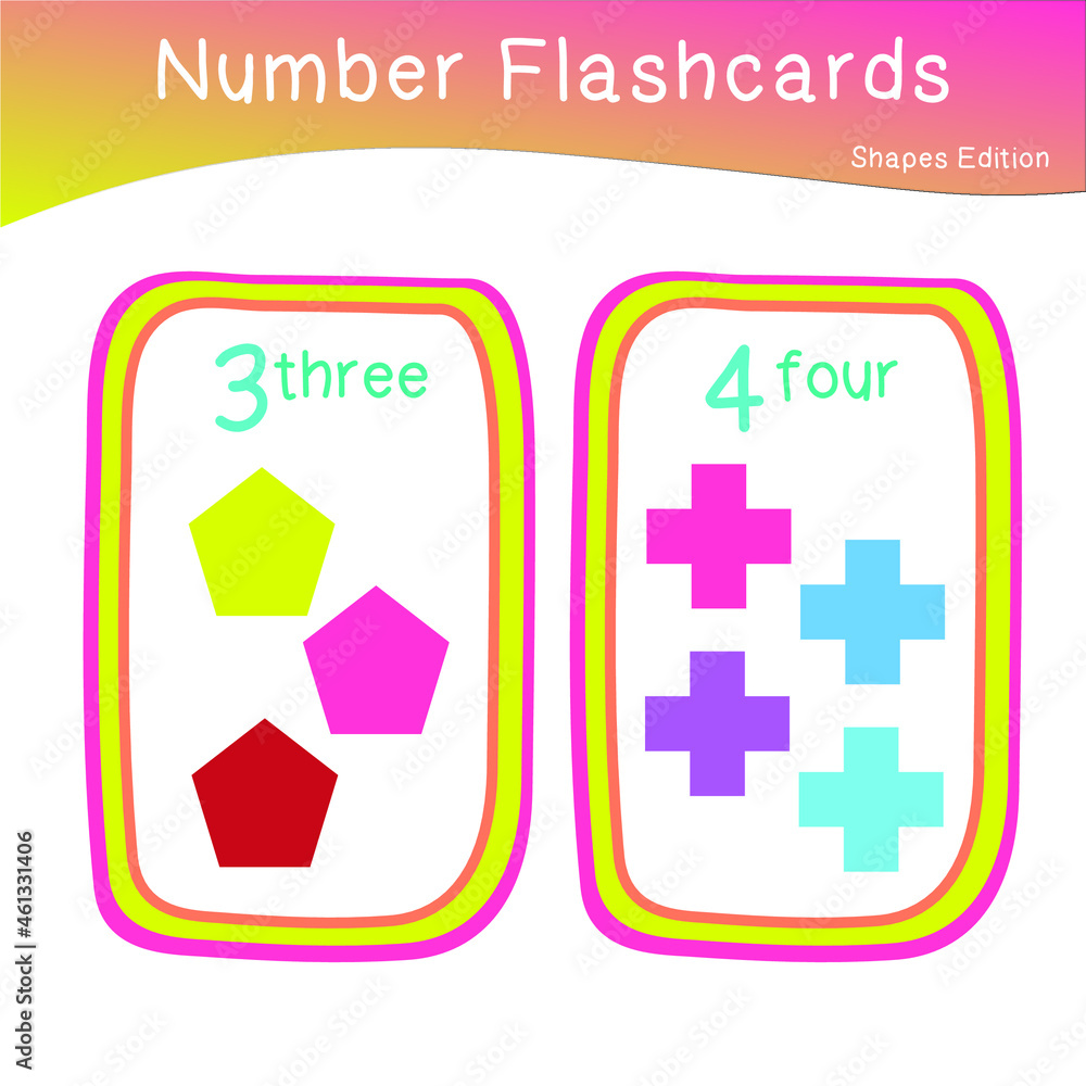 Cute number flashcards with shapes set. Shapes Flashcards edition. Educational printable math flashcards. Vector illustration. Cute number flashcards with shapes set. Shapes Flashcards edition. Educational printable math flashcards. Vector illustration.