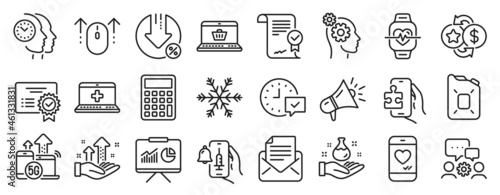 Set of Technology icons, such as Mail correspondence, Online shopping, Analysis graph icons. Approved agreement, Presentation, Time management signs. Canister oil, Loan percent, Megaphone. Vector