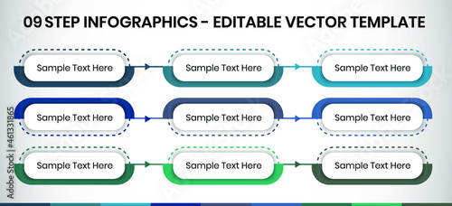 9 Steps Infographics Design Template - Graph, banner , Pie chart, workflow layout, rectangular diagram, brochure, report, presentation, web design. Editable Vector illustration