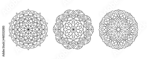 Three vector mandala set. Collection of coloring page for adult. Round pattern for meditative process.