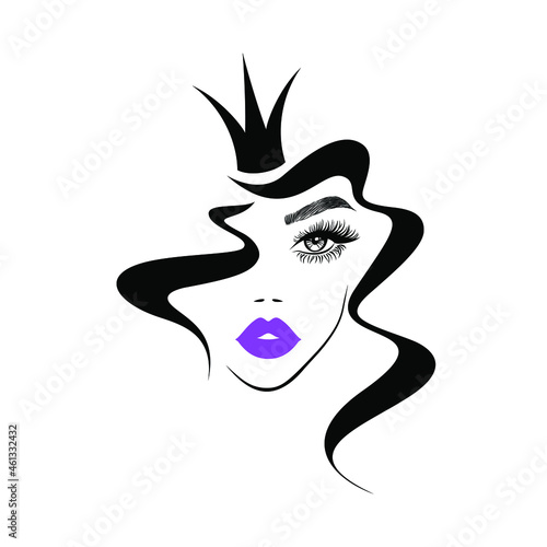 Beautiful woman queen with crown, face with brown eyes,  purple lips, black curly hair, hair salon sign, spa icon. Beauty Logo. Vector illustration. Hand drawing style