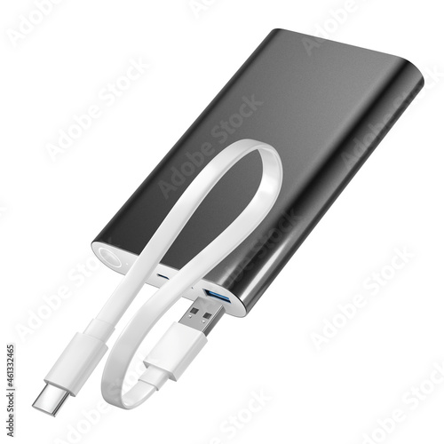 Power bank with USB tupe C cable isolated on white background