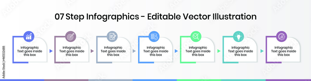 7 Steps Infographics Design Template - Graph, Pie chart, workflow layout, squire diagram, brochure, report, presentation, web design. Editable Vector illustration