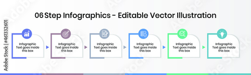 6 Steps Infographics Design Template - Graph, Pie chart, workflow layout, square diagram, circular diagram, brochure, report, presentation, web design, banner Editable Vector illustration