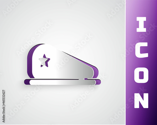 Paper cut Military beret icon isolated on grey background. Soldiers cap. Army hat. War baret. Paper art style. Vector