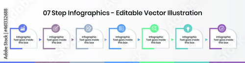 7 Steps Infographics Design Template - Graph, Pie chart, workflow layout, squire diagram, brochure, report, presentation, web design. Editable Vector illustration photo