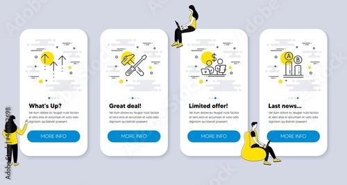Set of Business icons, such as Swipe up, Hammer tool, Budget accounting icons. UI phone app screens with people. Ab testing line symbols. Scrolling arrow, Repair screwdriver, Stock trader. Vector