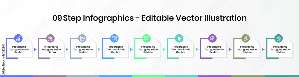 9 Steps Infographics Design Template - Graph, Pie chart, workflow layout, cycling diagram, square diagram, brochure, report, presentation, web design. Editable Vector illustration