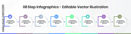 8 Steps Infographics Design Template - Graph, Pie chart, workflow layout, cycling diagram, square diagram, brochure, report, presentation, web design. Editable Vector illustration