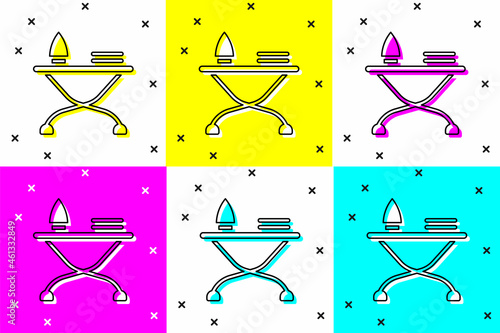 Set Electric iron and ironing board icon isolated on color background. Steam iron. Vector