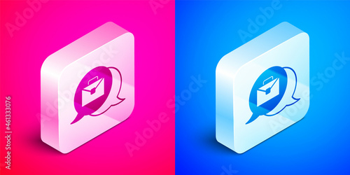 Isometric Online working icon isolated on pink and blue background. Freelancer man working on laptop at his house. Remote work. Distant job concept. Silver square button. Vector