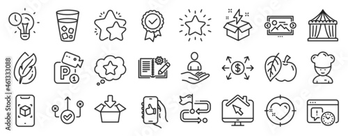 Set of Business icons  such as Like app  Parking security  Work home icons. Time management  Circus tent  Get box signs. Project deadline  Engineering documentation  Rank star. Apple. Vector