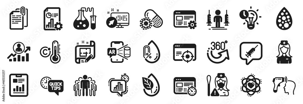 Set of Science icons, such as Chemistry lab, Nurse, Augmented reality icons. Career ladder, Hospital nurse, No alcohol signs. Report document, Architect plan, Report. Web settings, Atom. Vector Set of Science icons, such as Chemistry lab, Nurse, Augmented reality icons. Career ladder, Hospital nurse, No alcohol signs. Report document, Architect plan, Report. Web settings, Atom. Vector