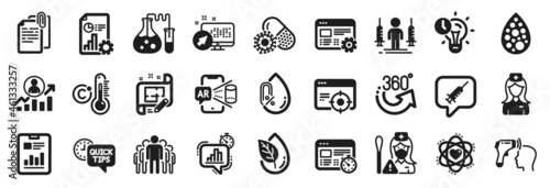 Set of Science icons, such as Chemistry lab, Nurse, Augmented reality icons. Career ladder, Hospital nurse, No alcohol signs. Report document, Architect plan, Report. Web settings, Atom. Vector