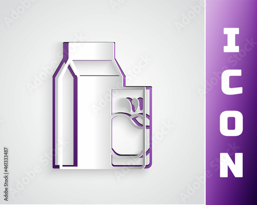 Paper cut Paper package for kefir and glass icon isolated on grey background. Dieting food for healthy lifestyle and probiotics fulfillment. Paper art style. Vector