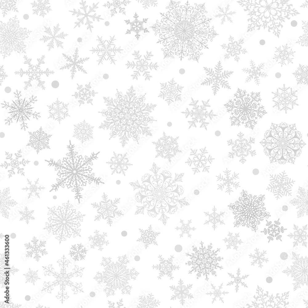Christmas seamless pattern of big and small complex snowflakes in gray and white colors. Winter background with falling snow Christmas seamless pattern of big and small complex snowflakes in gray and white colors. Winter background with falling snow