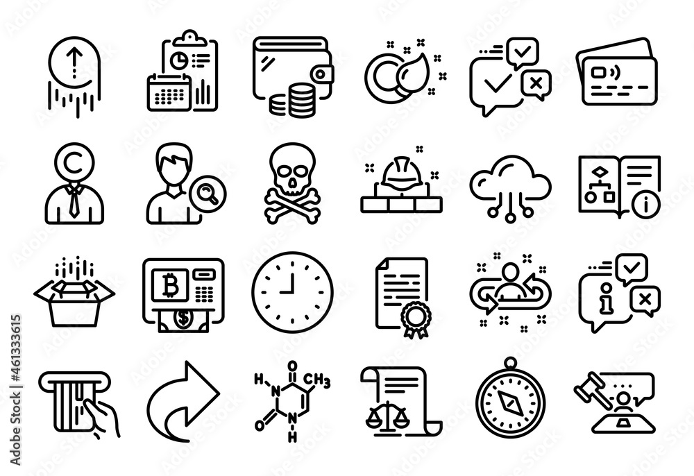 Vector set of Construction bricks, Certificate diploma and Paint brush line icons set. Calendar report, Money wallet and Credit card tag. Bitcoin atm, Travel compass and Chemical formula icons. Vector