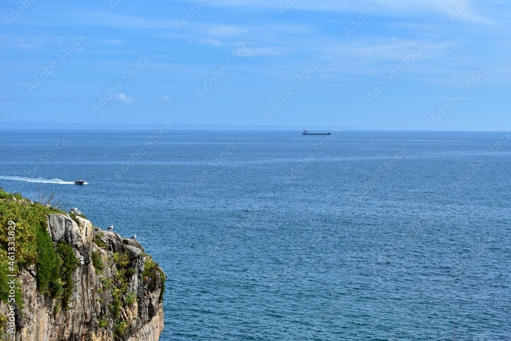 Seascape with seagulls on rocks, motor boat and small ship silhouette on blurred skyline
