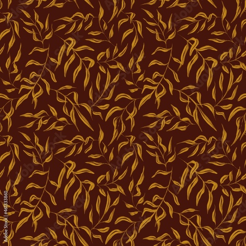 Golden leaves on brown background seamless pattern