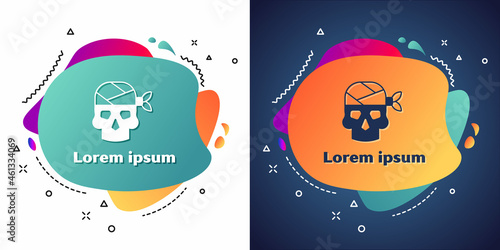 White Pirate captain icon isolated on white and blue background. Abstract banner with liquid shapes. Vector