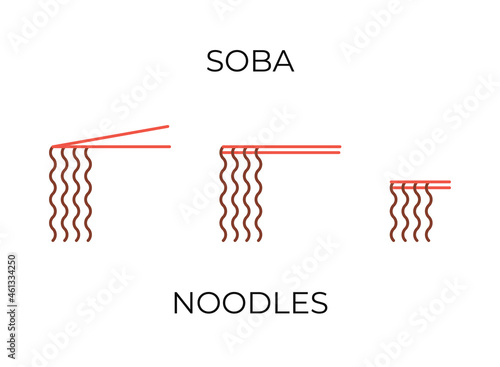 Chopsticks holding soba noodles icons set. Soba noodles different illustrations collection for restaurant menu or delivery website. Thin line style vector symbols isolated
