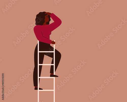 Businesswoman looks into the future at the top of ladder. Female entrepreneur searches for opportunities and new business ideas. Concept of choosing the direction of development. Vector illustration