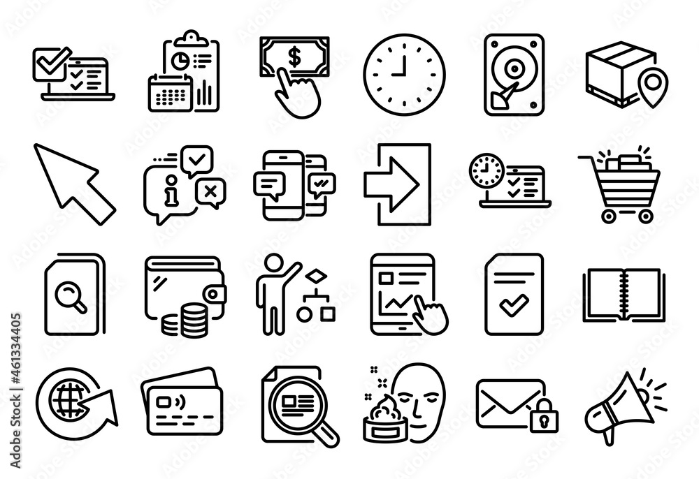 Vector set of Internet report, Hdd and Online test line icons set. Calendar report, Money wallet and Credit card tag. World globe, Face cream and Shopping cart icons. Vector Vector set of Internet report, Hdd and Online test line icons set. Calendar report, Money wallet and Credit card tag. World globe, Face cream and Shopping cart icons. Vector
