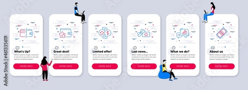 Vector Set of Finance icons related to Loyalty gift, Loyalty program and Graph chart icons. UI phone app screens with teamwork. Payment methods, Payment line symbols. Vector