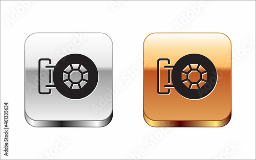 Black Front facade building jewelry store icon isolated on white background. Silver and gold square buttons. Vector
