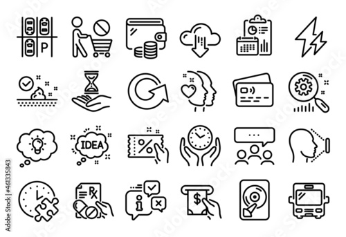 Fototapeta Naklejka Na Ścianę i Meble -  Vector set of Search statistics, Discount coupon and Skin care line icons set. Calendar report, Money wallet and Credit card tag. Electricity, Prescription drugs and Cloud download icons. Vector