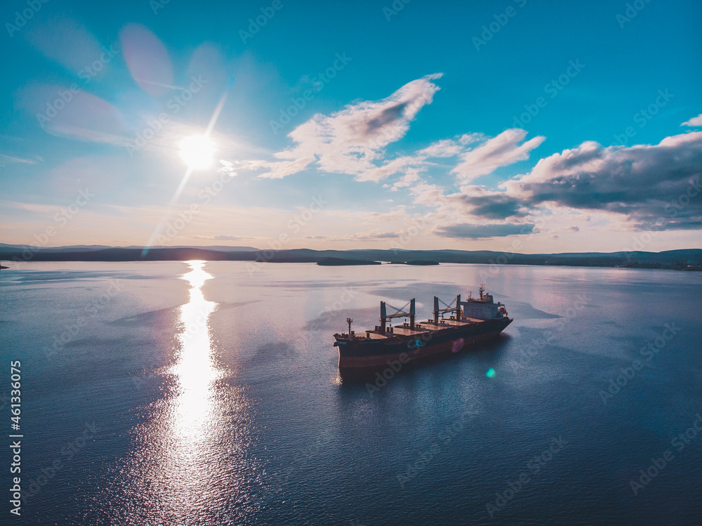 Naklejka premium Large cargo ship in the White sea aerial view.