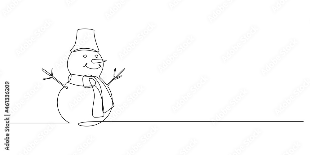 Continuous one line drawing of christmas Snowman in hat with scarf. Funny Winter character in doodle style. Liner Vector illustration Continuous one line drawing of christmas Snowman in hat with scarf. Funny Winter character in doodle style. Liner Vector illustration