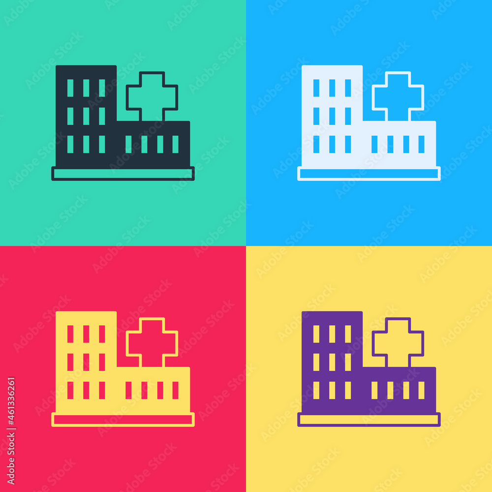 Pop art Medical hospital building with cross icon isolated on color background. Medical center. Health care. Vector