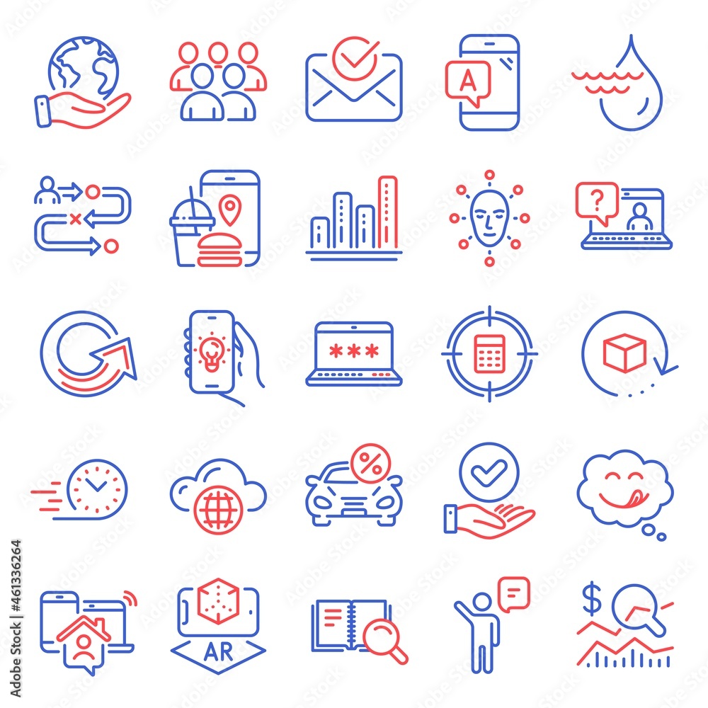 Technology icons set. Included icon as Food app, Electric app, Return package signs. Hydroelectricity, Check investment, Cloud computing symbols. Graph chart, Approved checkbox, Group. Faq. Vector