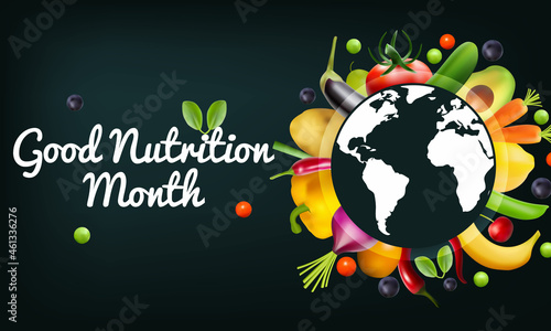 Good Nutrition month is observed every year in November, promotes global awareness and action for those who suffer from hunger and for the need to ensure healthy diets for all. Vector illustration
