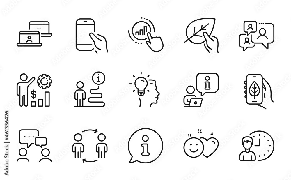 People icons set. Included icon as Support chat, Idea, Employees wealth signs. Hold smartphone, Ecology app, People chatting symbols. Smile, Organic tested, Workflow. Working hours. Vector People icons set. Included icon as Support chat, Idea, Employees wealth signs. Hold smartphone, Ecology app, People chatting symbols. Smile, Organic tested, Workflow. Working hours. Vector