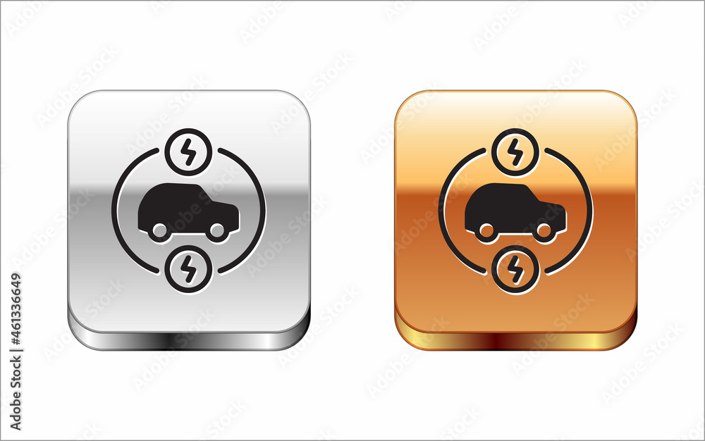 Black Electric car and electrical cable plug charging icon isolated on white background. Renewable eco technologies. Silver and gold square buttons. Vector Black Electric car and electrical cable plug charging icon isolated on white background. Renewable eco technologies. Silver and gold square buttons. Vector