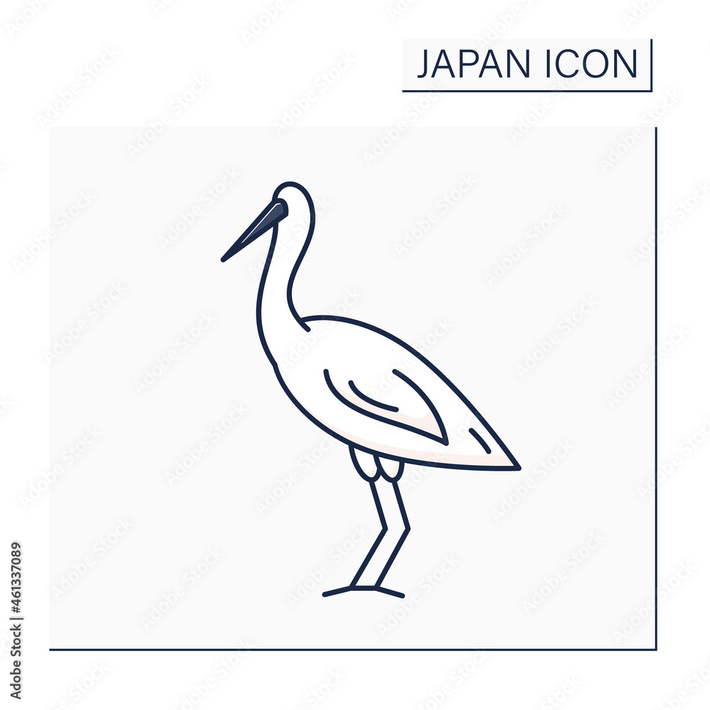 Crane bird color icon. East Asian crane. Luck, longevity, and fidelity symbol. Traditional Japanese bird. Japanese culture concept. Isolated vector illustration Crane bird color icon. East Asian crane. Luck, longevity, and fidelity symbol. Traditional Japanese bird. Japanese culture concept. Isolated vector illustration