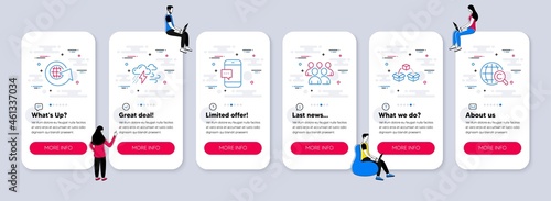 Vector Set of line icons related to Smartphone message, Group and Parcel shipping icons. UI phone app screens with teamwork. World globe, Bad weather and International Ð¡opyright line symbols. Vector