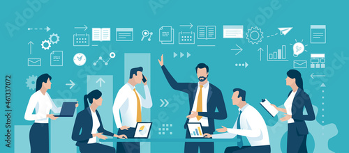 Business plan. The team discusses the business strategy. Vector illustration.