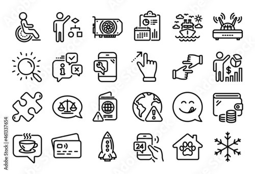 Vector set of Internet warning  Seo statistics and Coffee line icons set. Calendar report  Money wallet and Credit card tag. Passport warning  Click hands and Search icons. Vector
