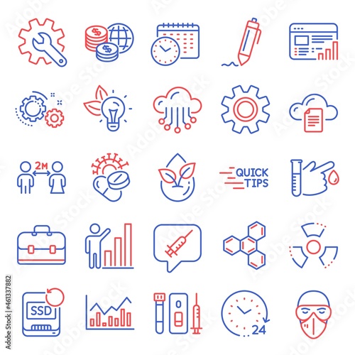 Science icons set. Included icon as Blood donation, Portfolio, Coronavirus pills signs. Education, Organic product, Customisation symbols. Chemical formula, Gears, Medical mask. Service. Vector
