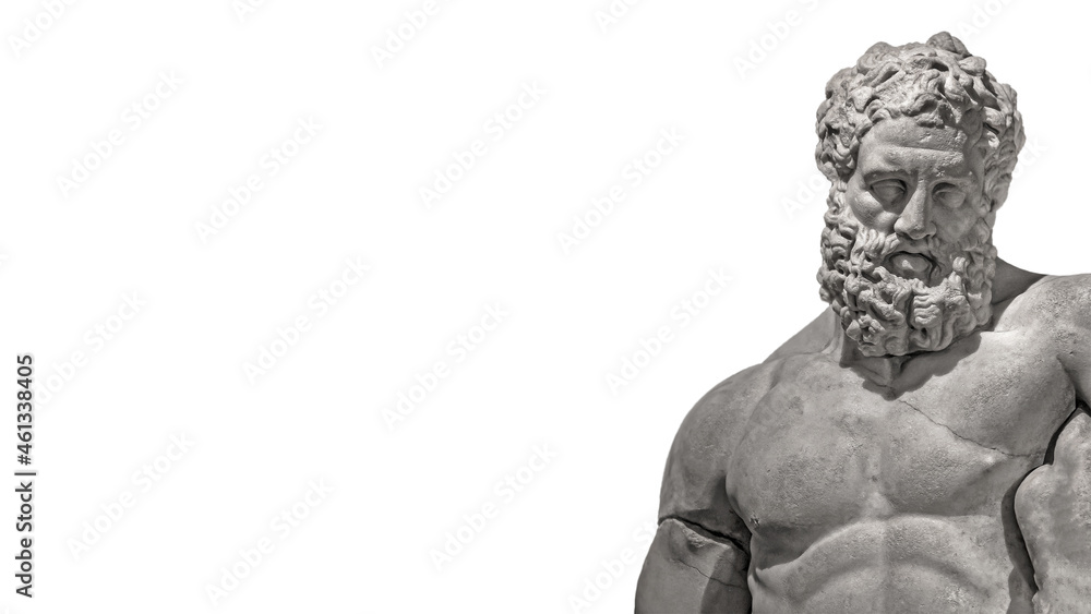 Ancient Greek statue of powerful Hercules, or Heracles, closeup, isolated at white background. Concept fitness, health and sport.