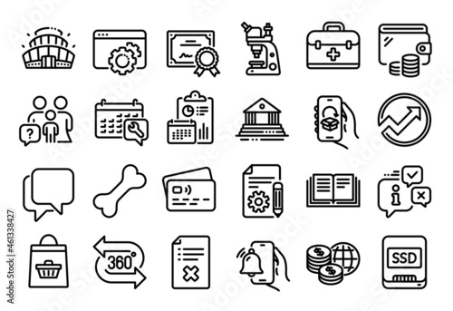 Vector set of Online buying, First aid and Education line icons set. Calendar report, Money wallet and Credit card tag. Microscope, Documentation and Court building icons. Vector